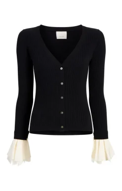 Cinq à Sept Bernadette Prestyled Ribbed Cardigan Black/Ivory Sale