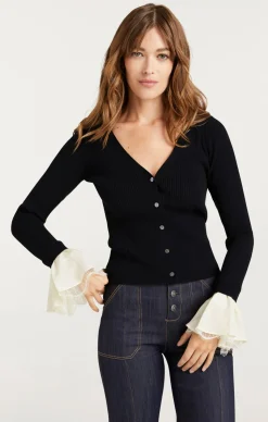 Cinq à Sept Bernadette Prestyled Ribbed Cardigan Black/Ivory Sale
