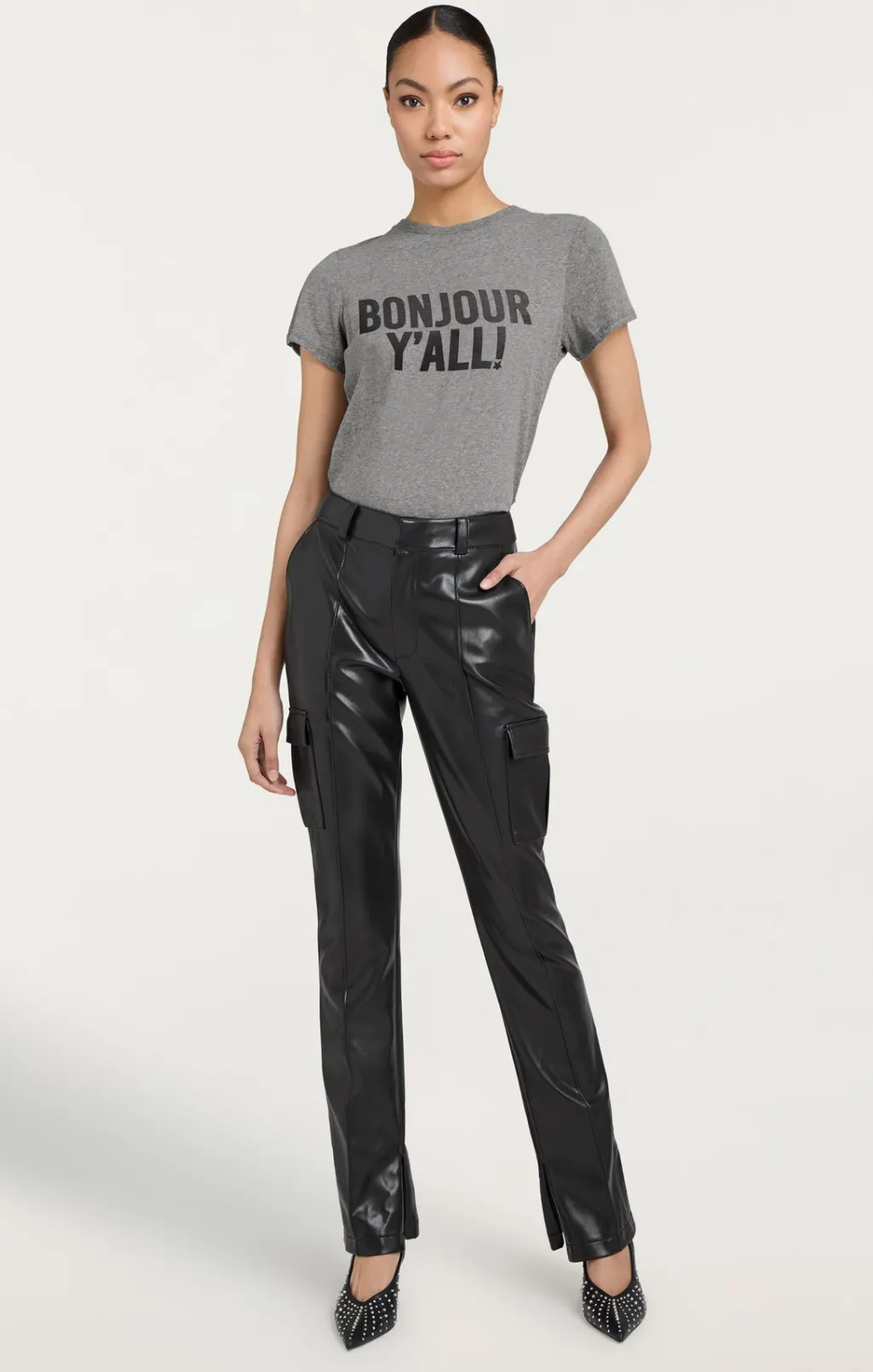 Cinq à Sept Bonjour Y'all Tee HeatherGrey/Black Clearance