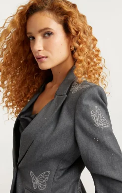 Cinq à Sept Butterflies Embroidered Joan Blazer LurexPinstripePinstripeCharcoal New