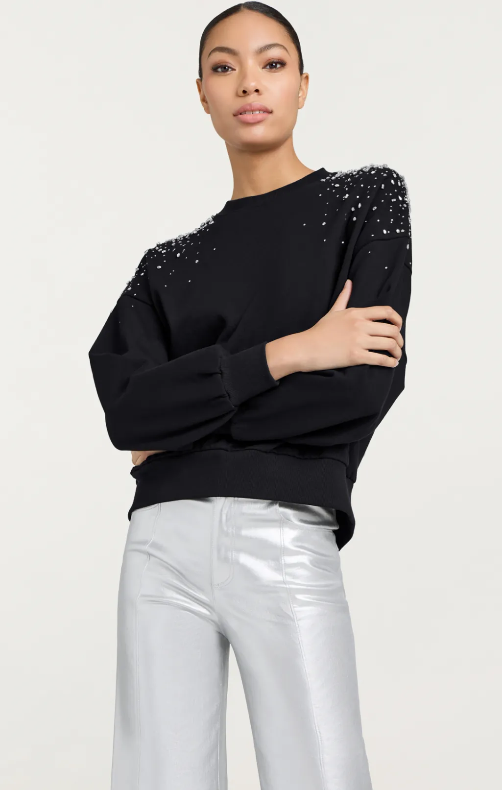 Cinq à Sept Crackle Rhinestone Embellished Brandy Pullover Black