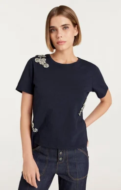 Cinq à Sept Crystal Chrysanthemum Shrunken Tee Navy