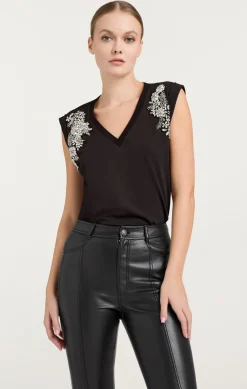 Cinq à Sept Crystal Ivy Embellished Bella Tee Black Hot