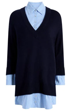 Cinq à Sept Deep V Remie Stripe Santina Dress Navy/FrenchBlue Sale