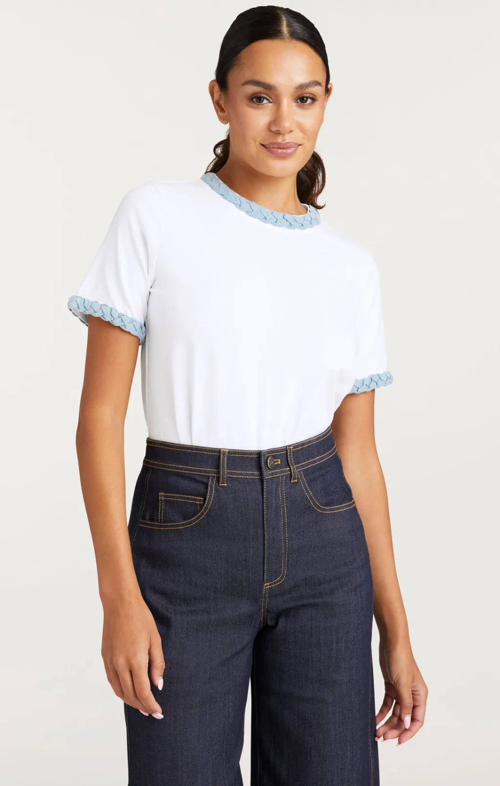 Cinq à Sept Denim Braided Tee White/LightWash Outlet