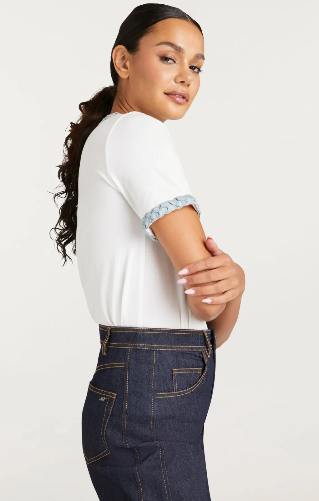Cinq à Sept Denim Braided Tee White/LightWash Outlet