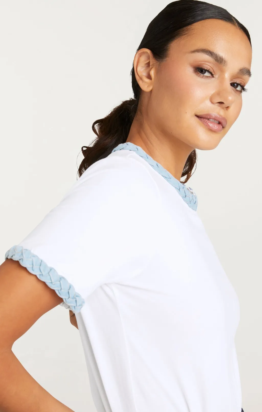 Cinq à Sept Denim Braided Tee White/LightWash Outlet