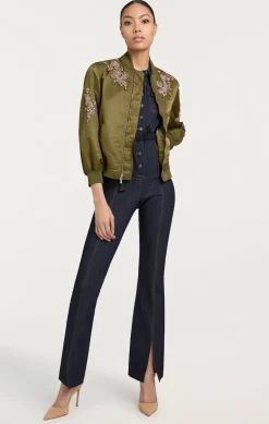 Cinq à Sept Diamond Daisies Embellished Talulla Bomber Olive Clearance