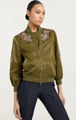 Cinq à Sept Diamond Daisies Embellished Talulla Bomber Olive Clearance