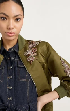 Cinq à Sept Diamond Daisies Embellished Talulla Bomber Olive Clearance