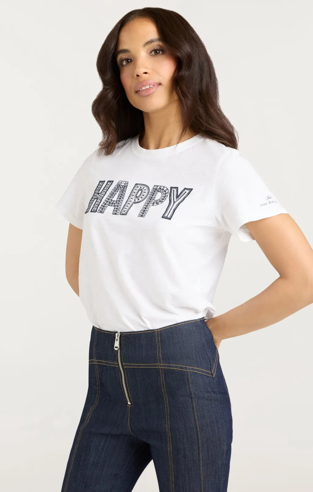 Cinq à Sept Embroidered Happy Tee White/Navy Discount