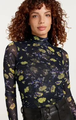 Cinq à Sept Falling Poppies Shirred Mesh Turtleneck BlackMulti Online