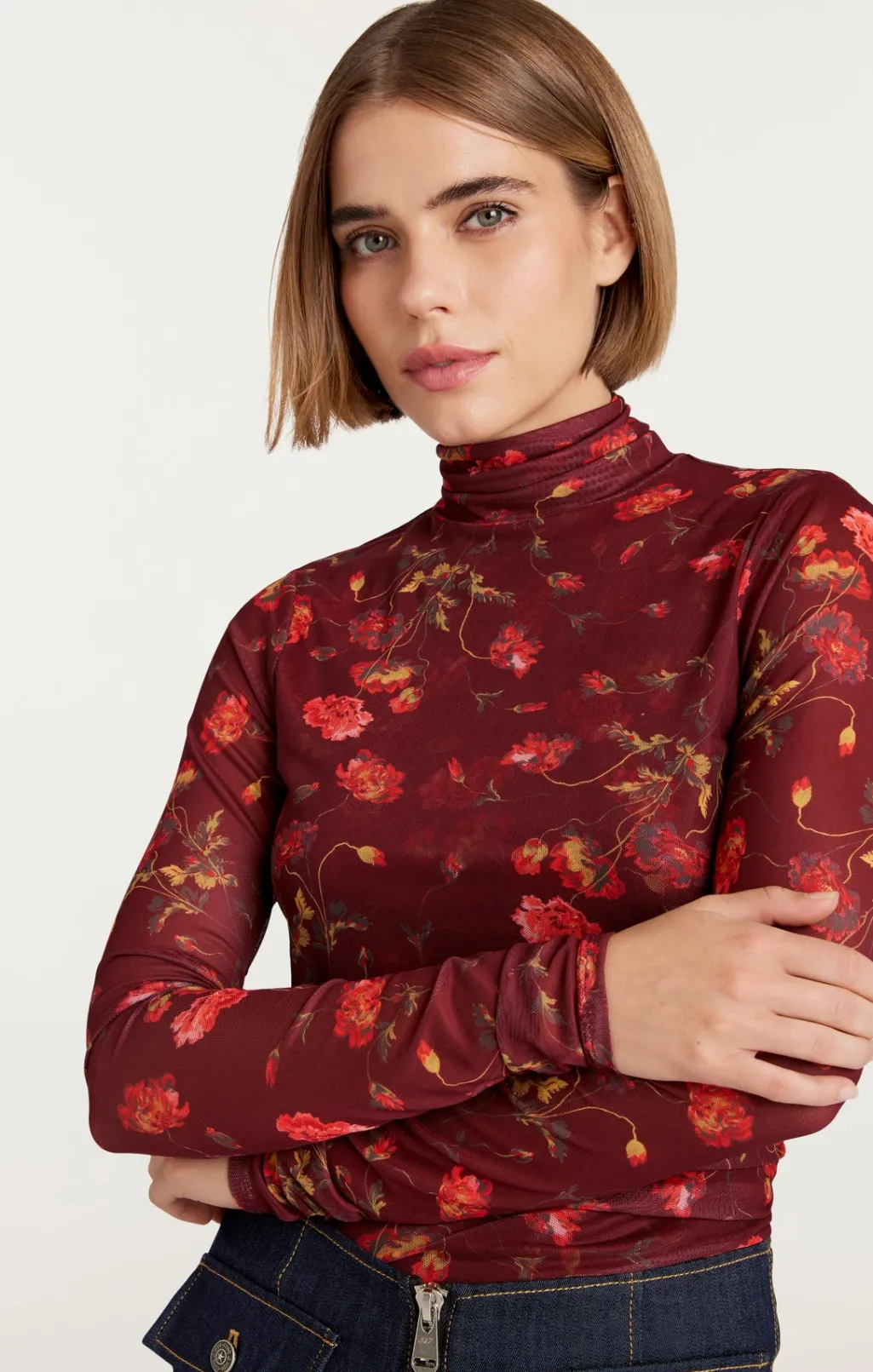 Cinq à Sept Falling Poppies Shirred Mesh Turtleneck RhubarbMulti