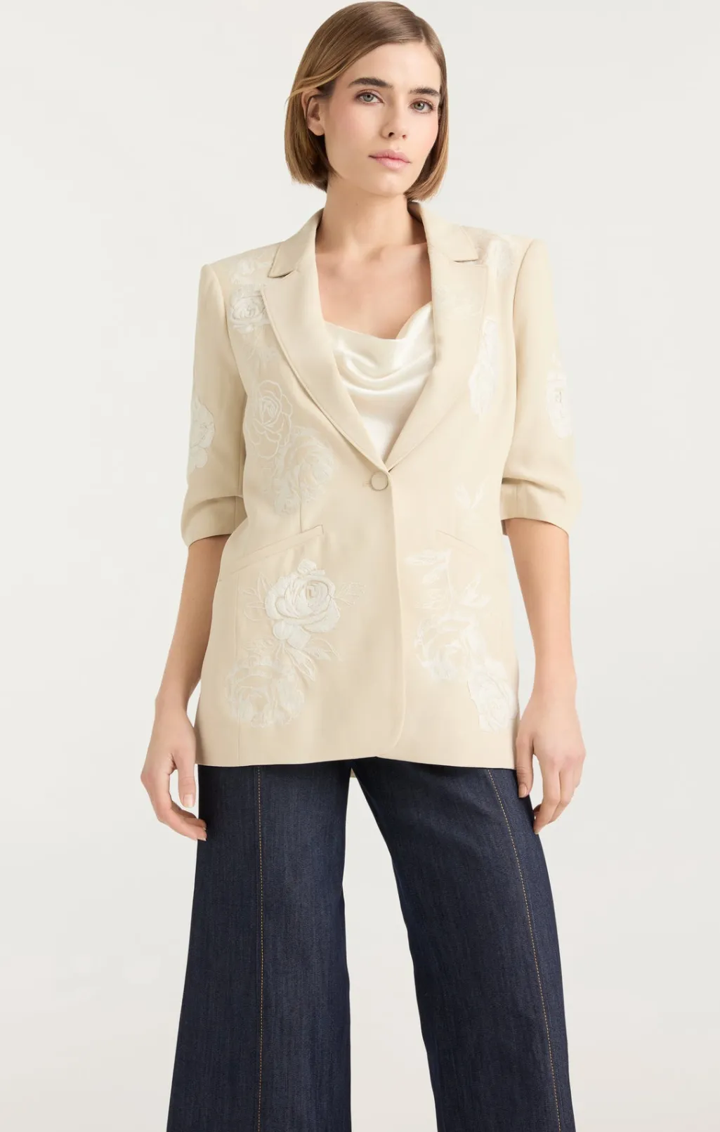 Cinq à Sept Floating Roses Embellished Short Sleeve Khloe Blazer Plaster/Ivory