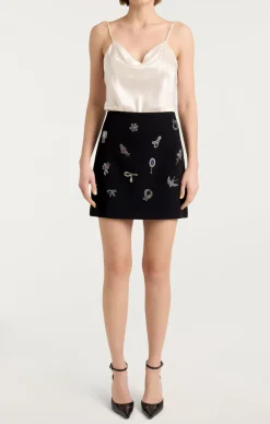 Cinq à Sept Heatset Brooches Embellished Doris Skirt BlackMulti