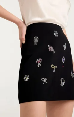 Cinq à Sept Heatset Brooches Embellished Doris Skirt BlackMulti