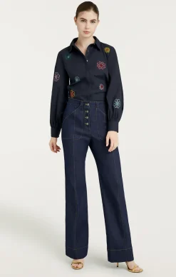 Cinq à Sept Heatset Daisy Embellished Kandice Top Navy Outlet