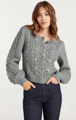 Cinq à Sept Joelle Embellished Cable Cardigan CharcoalLilac/Green Outlet