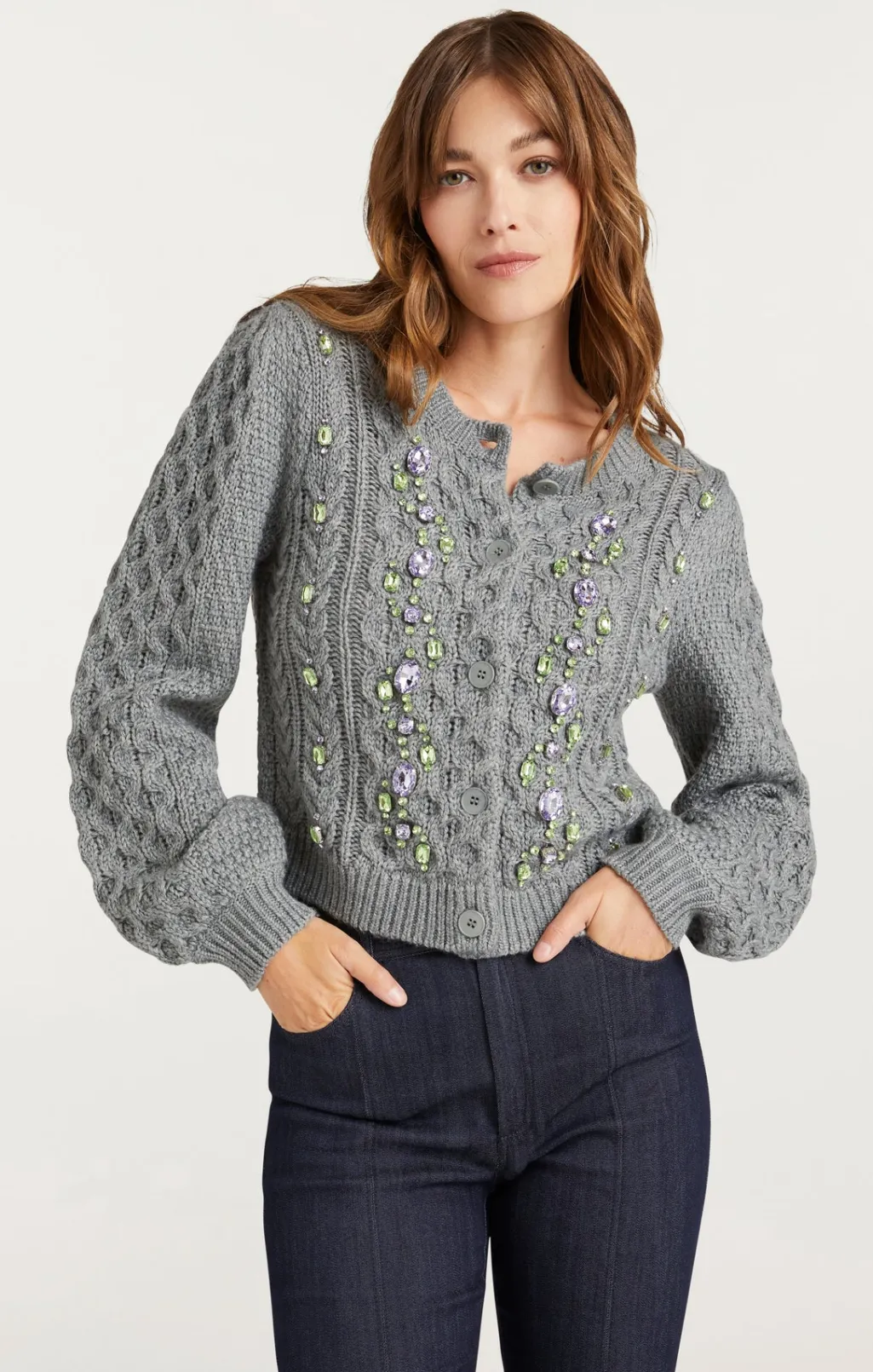 Cinq à Sept Joelle Embellished Cable Cardigan CharcoalLilac/Green Outlet