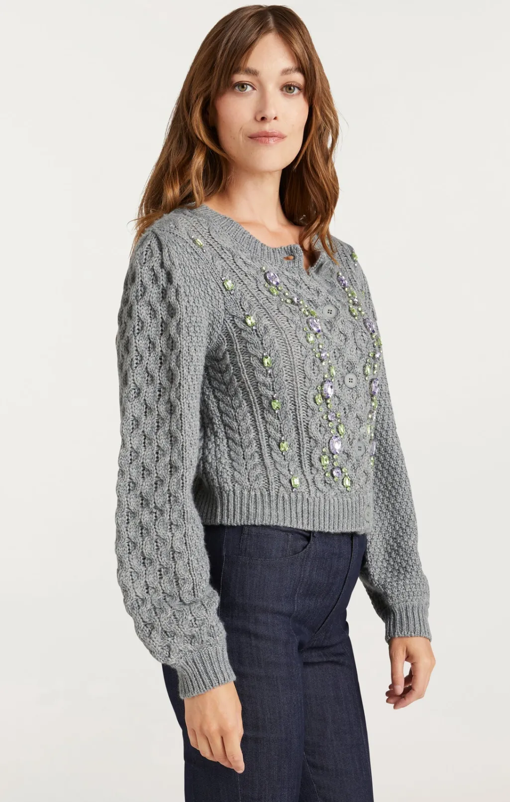 Cinq à Sept Joelle Embellished Cable Cardigan CharcoalLilac/Green Outlet