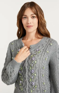 Cinq à Sept Joelle Embellished Cable Cardigan CharcoalLilac/Green Outlet