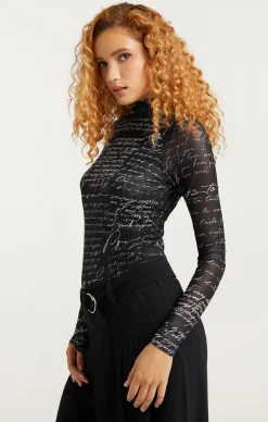 Cinq à Sept Mon Amour Shirred Mesh Turtleneck Black/ivory Hot