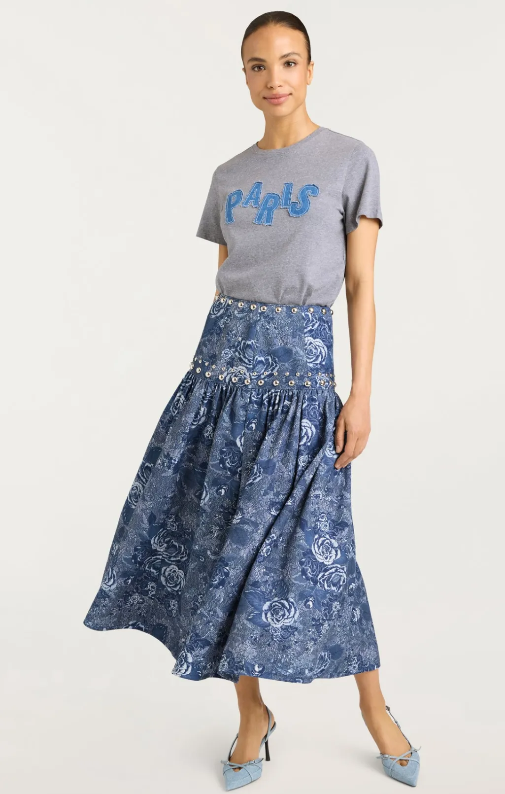 Cinq à Sept Patched Denim Paris Tee HeatherGrey Best