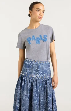 Cinq à Sept Patched Denim Paris Tee HeatherGrey Best