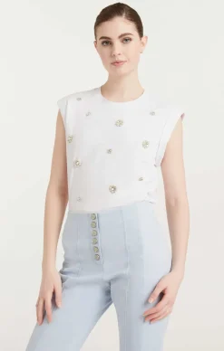 Cinq à Sept Pearl Ditsy Flower Embellished Bella Tee WhiteMulti Online