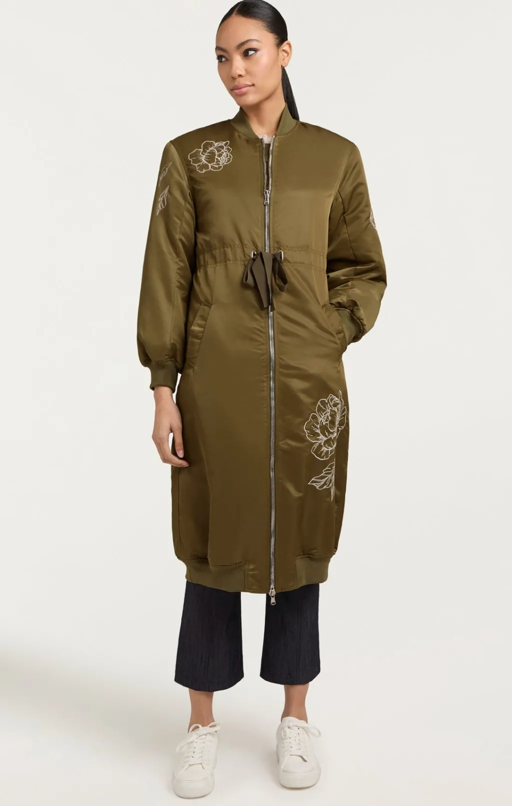 Cinq à Sept Peony Embroidered Long Pauline Coat Olive Clearance