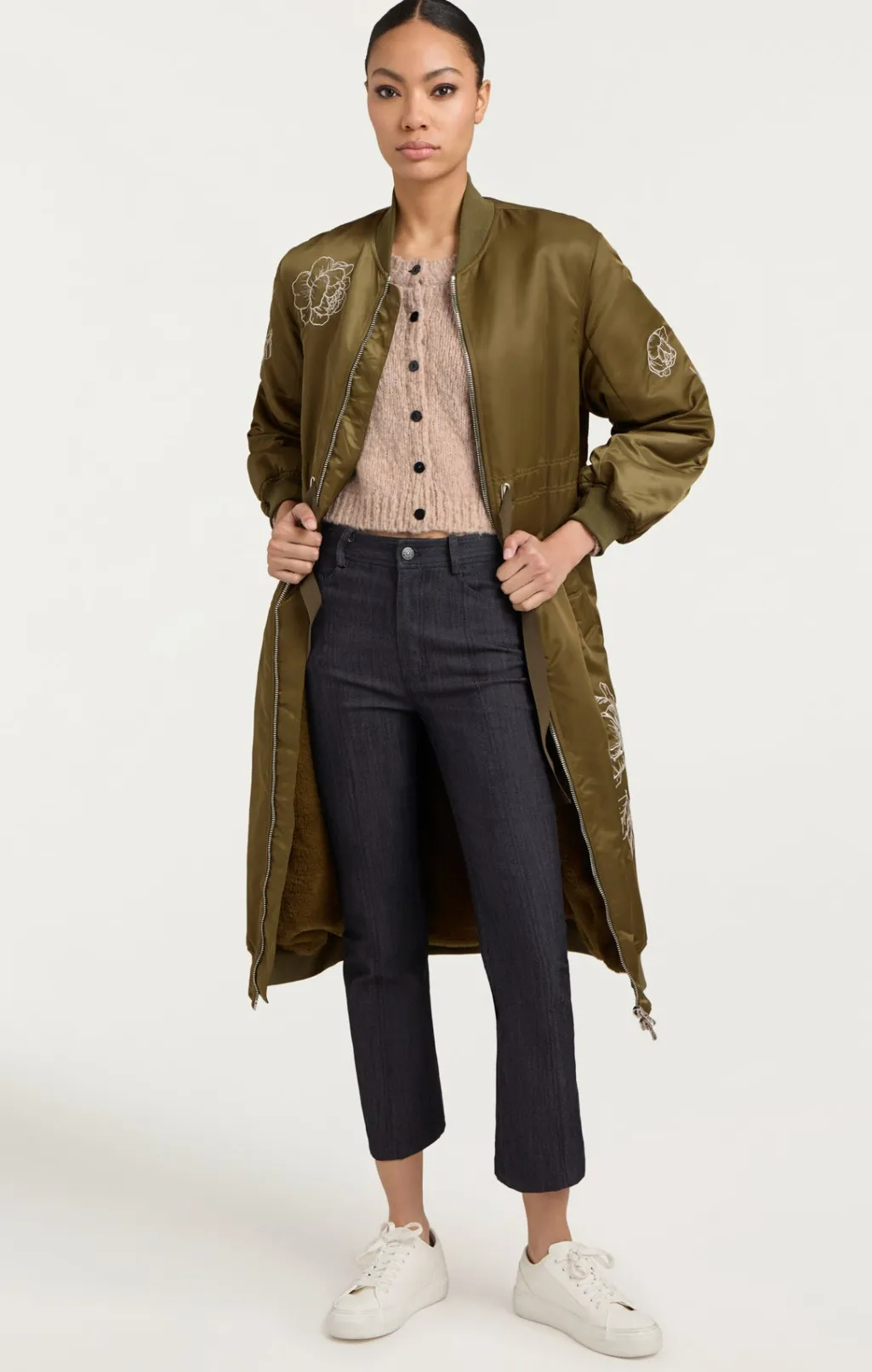 Cinq à Sept Peony Embroidered Long Pauline Coat Olive Clearance