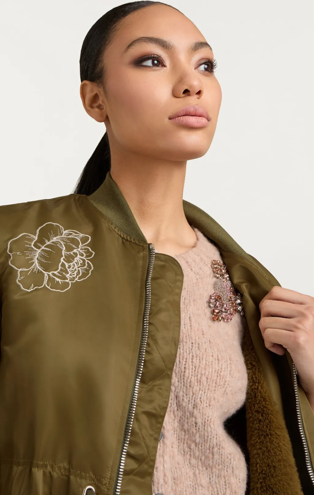Cinq à Sept Peony Embroidered Long Pauline Coat Olive Clearance