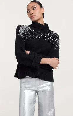Cinq à Sept Rhinestone Crackle Embellished Alani Turtleneck Black Discount