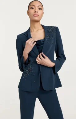 Cinq à Sept Rhinestone Crackle Embellished Cheyenne Blazer PeacockBlue Sale