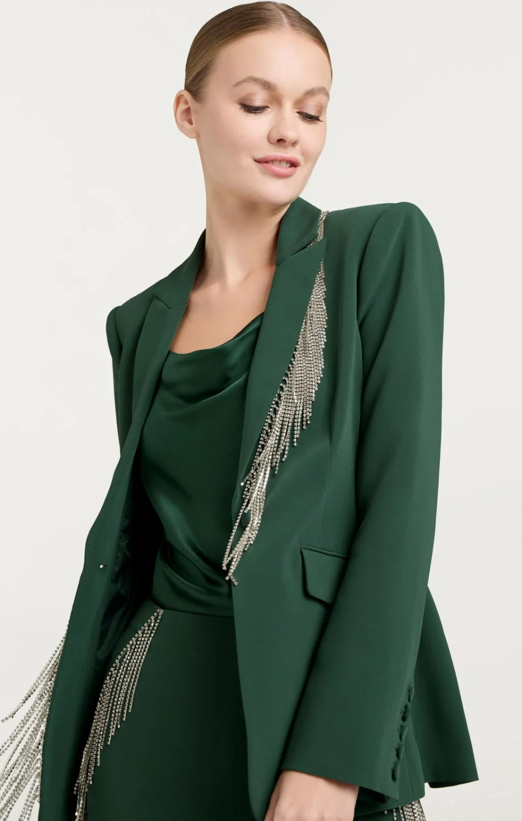 Cinq à Sept Rhinestone Fringe Embellished Cheyenne Blazer DarkEmerald Best