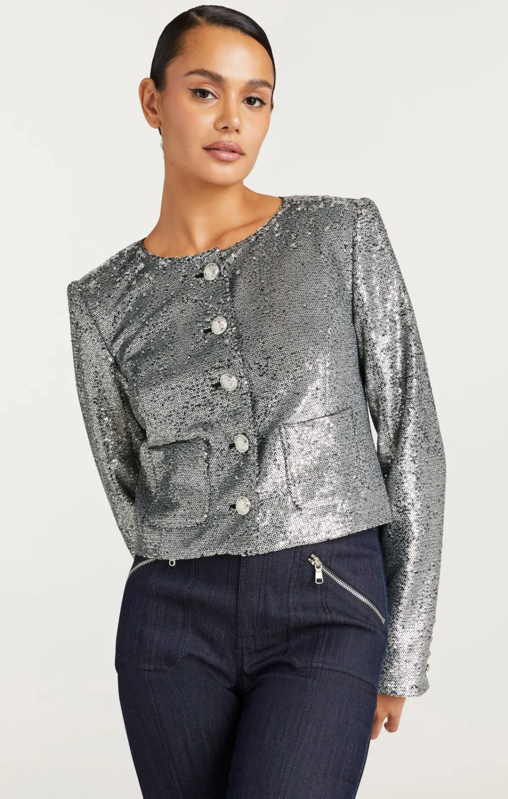 Cinq à Sept Sequin Randi Jacket Silver New