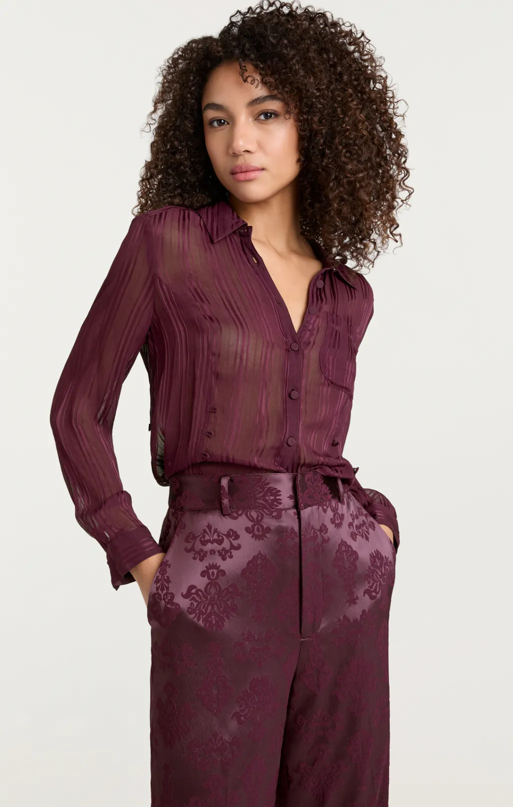 Cinq à Sept Sheer Stripe Shirred Kandice Top DarkFig Discount