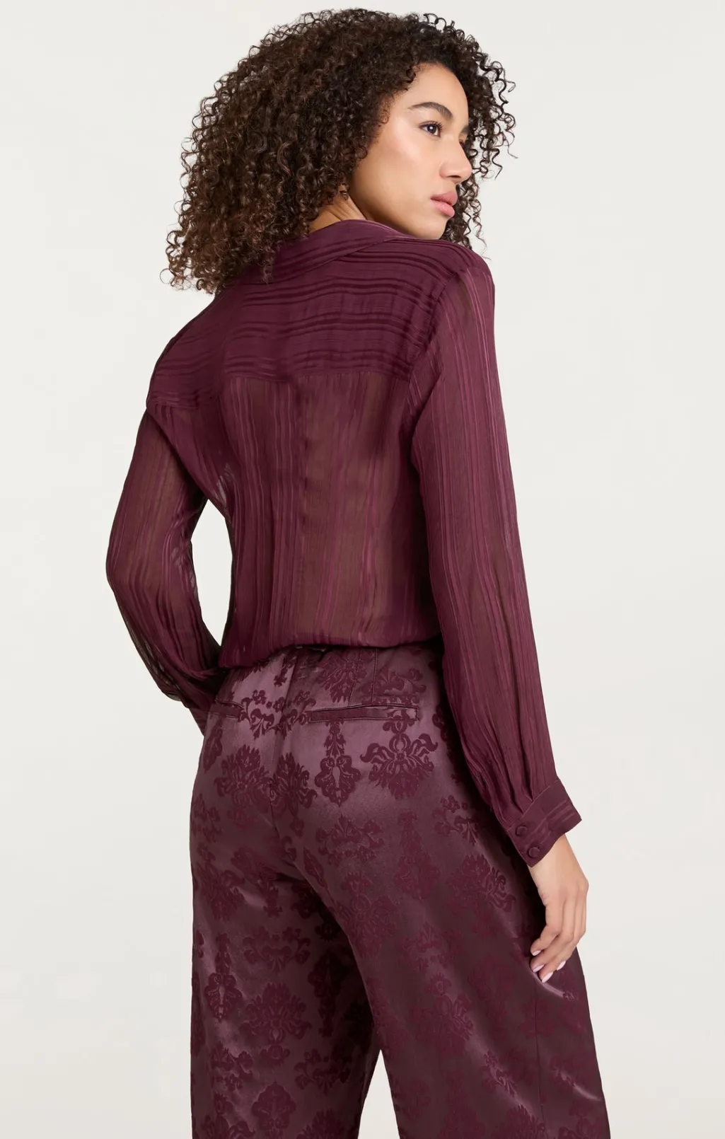 Cinq à Sept Sheer Stripe Shirred Kandice Top DarkFig Discount