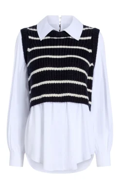 Cinq à Sept Striped Mara Shaker Pullover Navy/Ivory Best