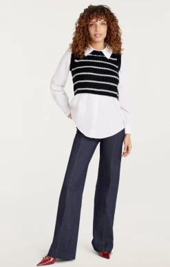Cinq à Sept Striped Mara Shaker Pullover Navy/Ivory Best