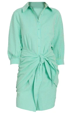 Cinq à Sept Striped Seersucker Three Quarter Sleeve Gaby Dress Cyan/LimaBean