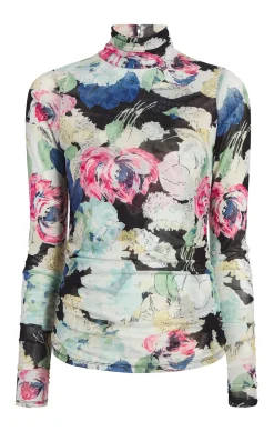Cinq à Sept Wildwood Flower Shirred Mesh Turtleneck BlackMulti Clearance