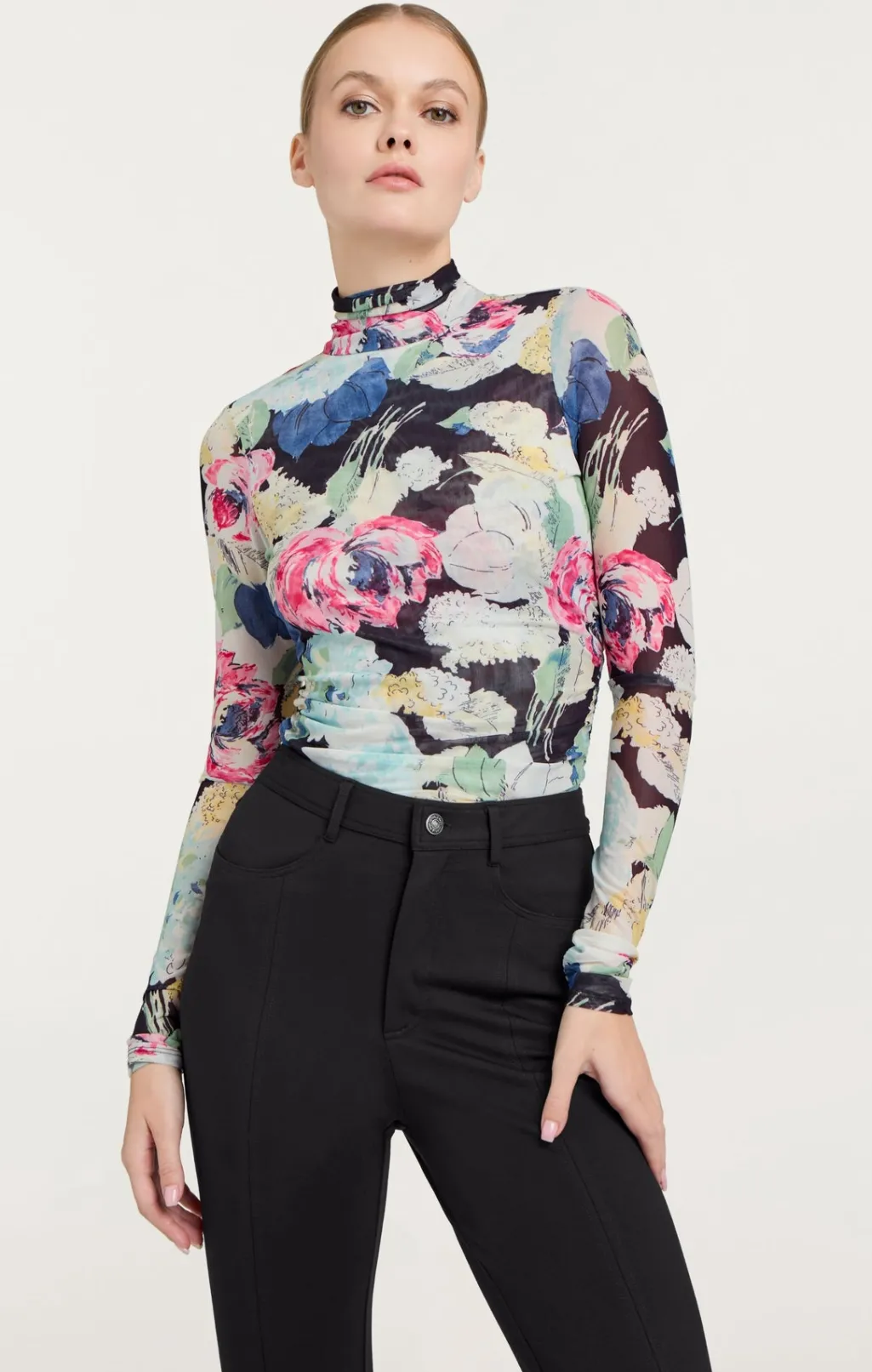 Cinq à Sept Wildwood Flower Shirred Mesh Turtleneck BlackMulti Clearance